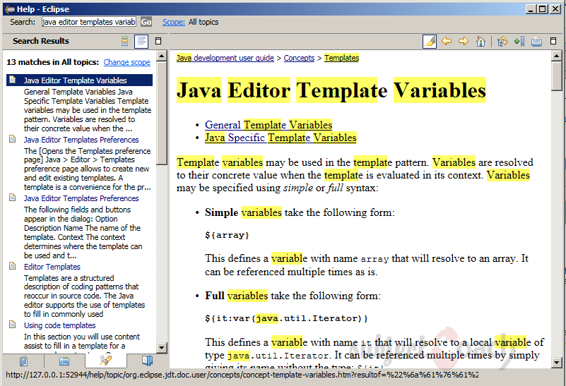 Java Editor Template Variables Help