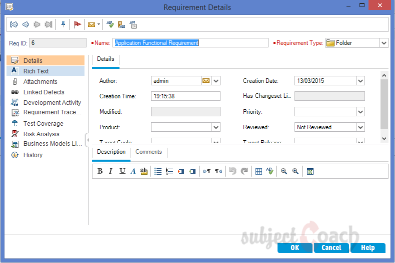 New requirement detail dialog HP ALM