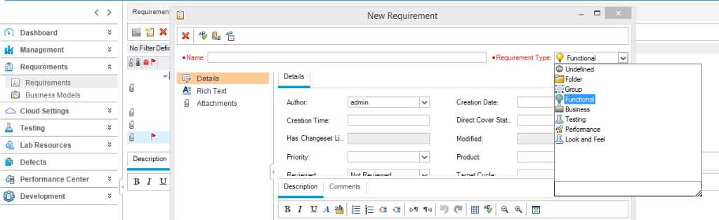 Creating a new requirement type HP ALM
