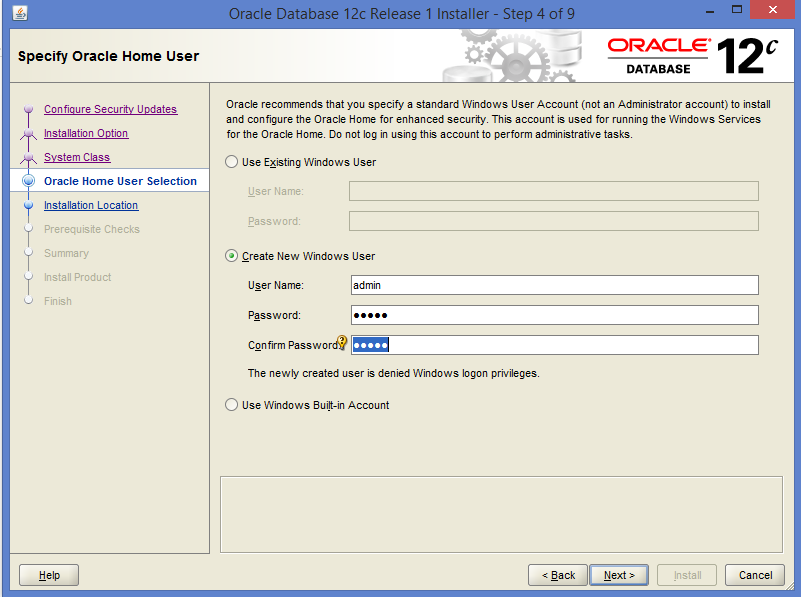Home user selection Oracle isntallation