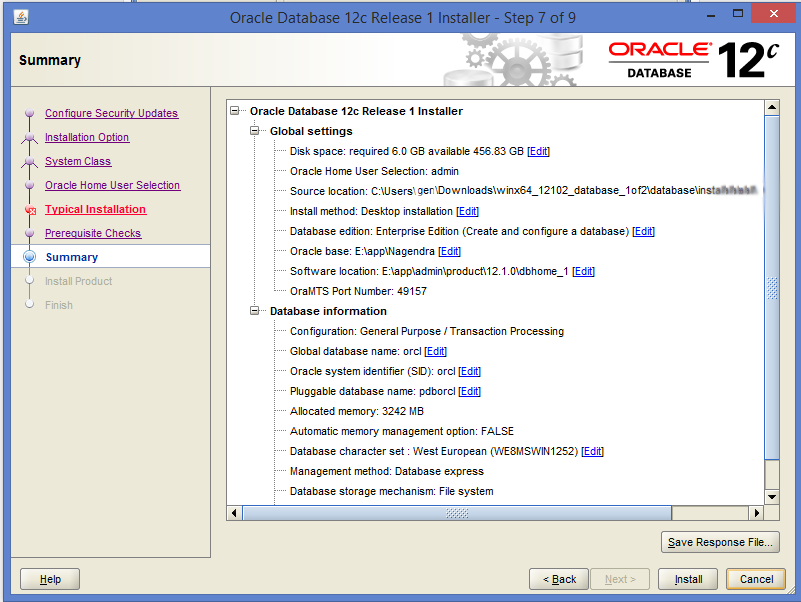 Oracle before installation summary