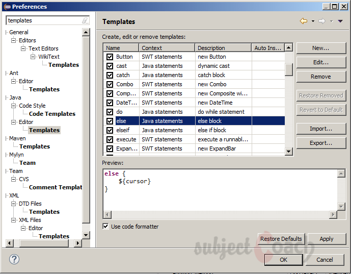 Edit code template