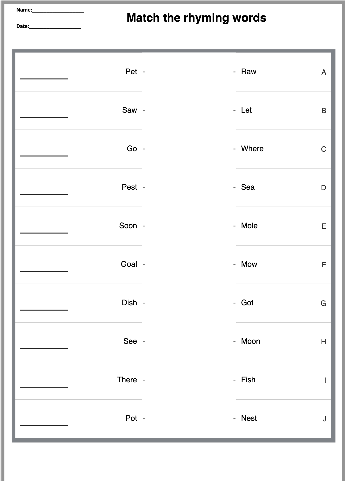 Matching Pairs Worksheet Generator