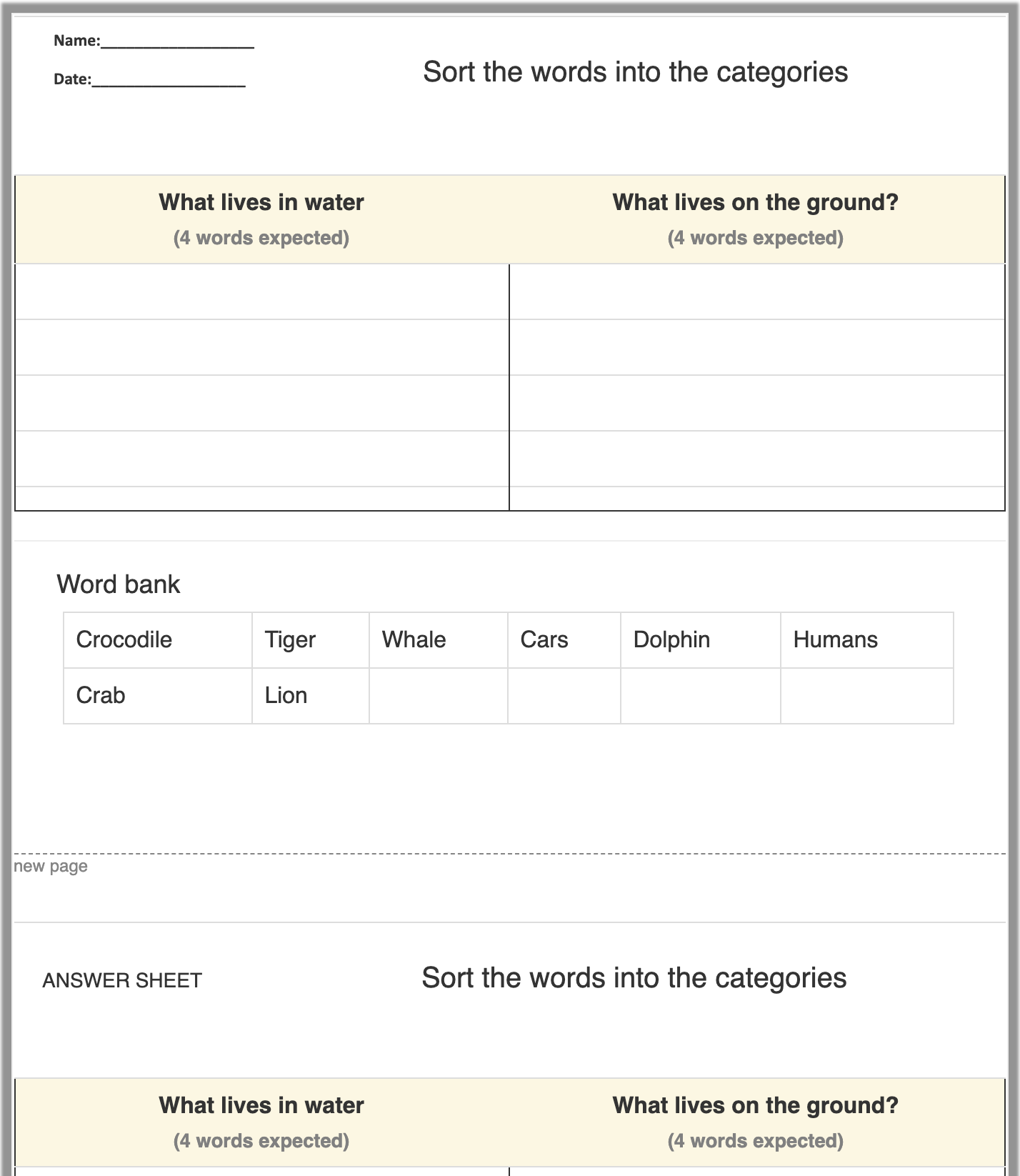 Sort into Categories Worksheet Generator